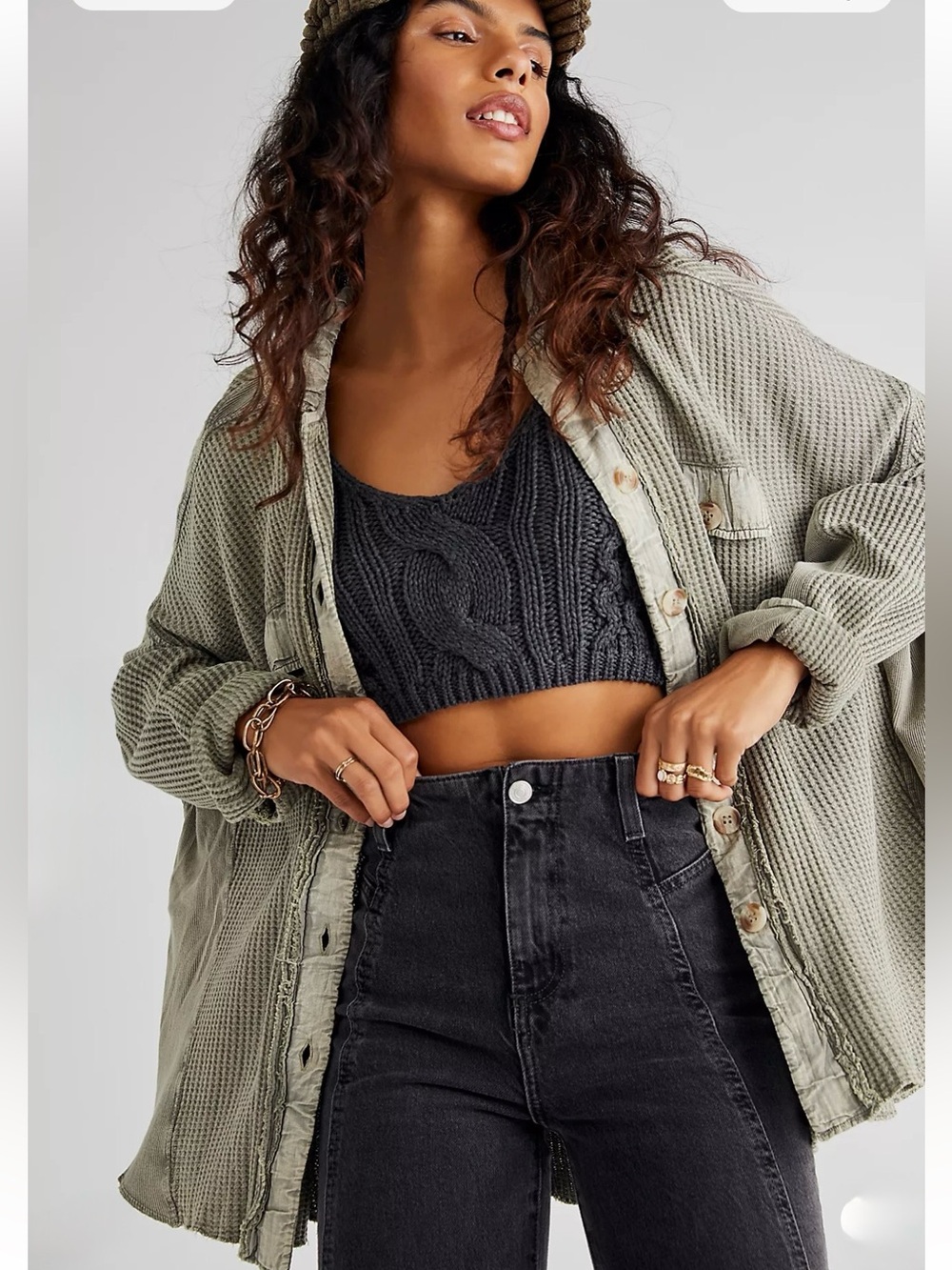 Free People One Scout Jacket in Green Tea Waffle Knit Oversized New Without Tags